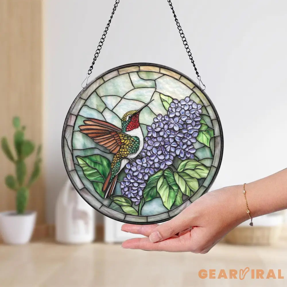 Hummingbird and Lilac Stained Glass Suncatcher Purple Floral Window Hanging Round Glass Bird Art Decor Gift for Nature
