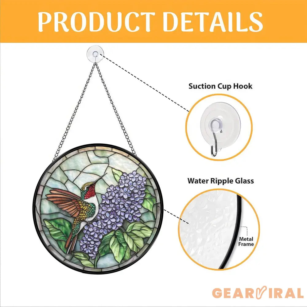 Hummingbird and Lilac Stained Glass Suncatcher Purple Floral Window Hanging Round Glass Bird Art Decor Gift for Nature