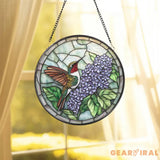 Hummingbird and Lilac Stained Glass Suncatcher Purple Floral Window Hanging Round Glass Bird Art Decor Gift for Nature