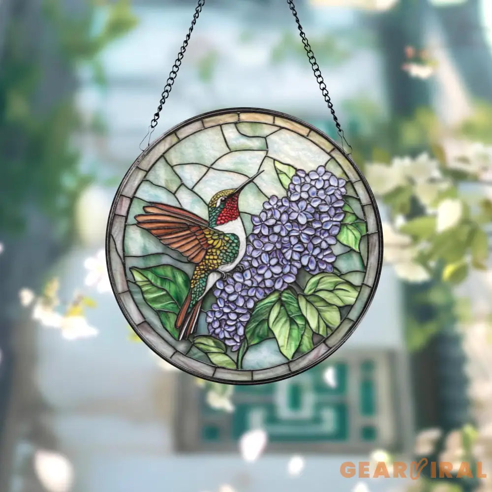 Hummingbird and Lilac Stained Glass Suncatcher Purple Floral Window Hanging Round Glass Bird Art Decor Gift for Nature