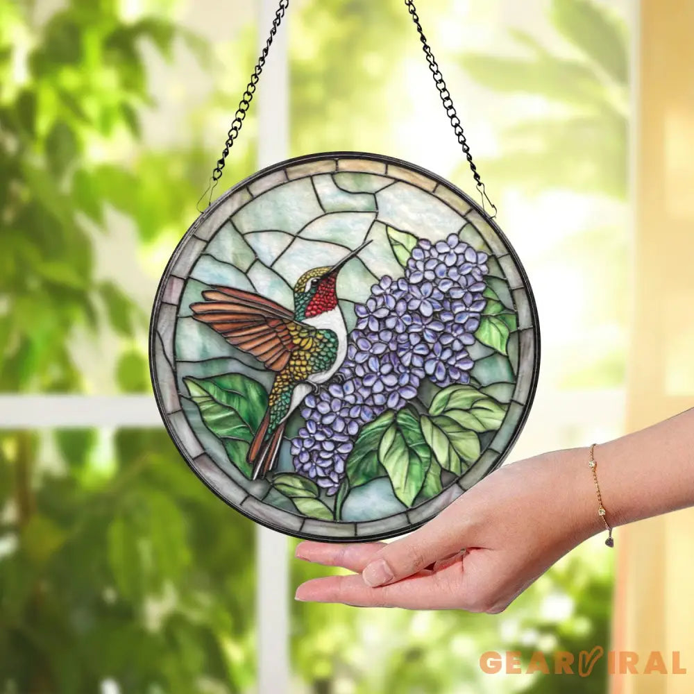 Hummingbird and Lilac Stained Glass Suncatcher Purple Floral Window Hanging Round Glass Bird Art Decor Gift for Nature