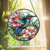 Hummingbird and Peony Stained Glass Suncatcher Floral Window Hanging Art Bird Sun Catcher Gift Garden Window Decor