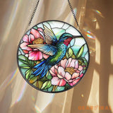Hummingbird and Peony Stained Glass Suncatcher Floral Window Hanging Art Bird Sun Catcher Gift Garden Window Decor