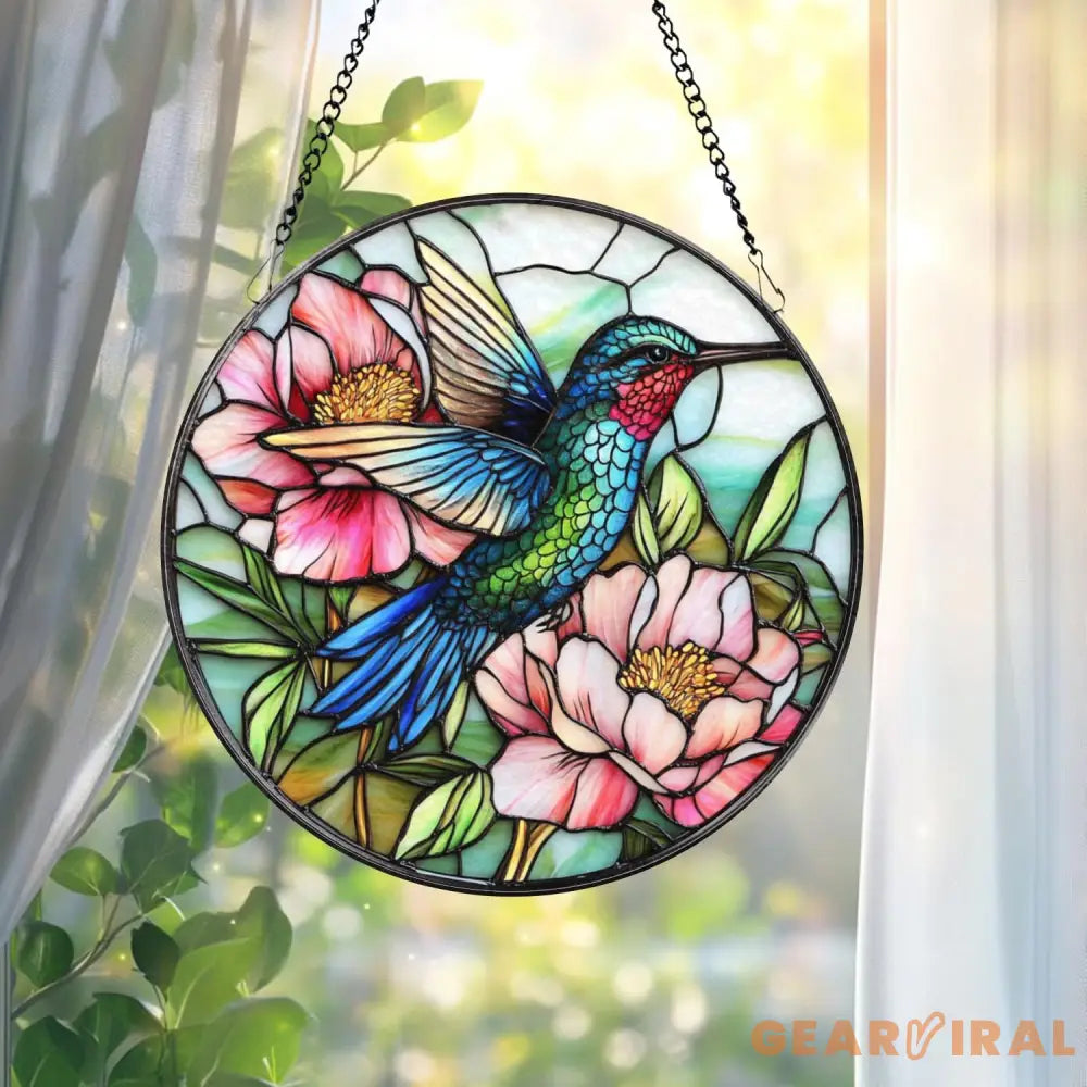 Hummingbird and Peony Stained Glass Suncatcher Floral Window Hanging Art Bird Sun Catcher Gift Garden Window Decor