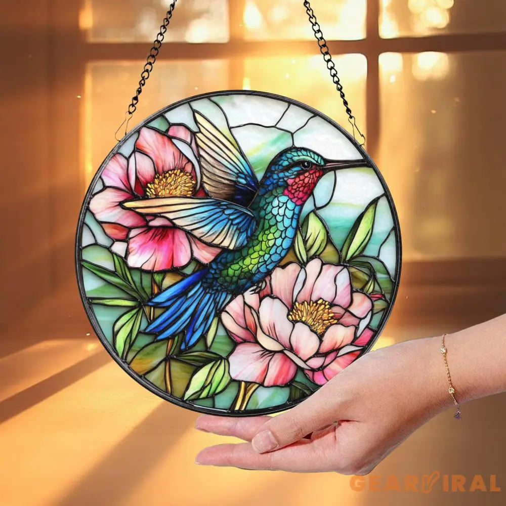 Hummingbird and Peony Stained Glass Suncatcher Floral Window Hanging Art Bird Sun Catcher Gift Garden Window Decor