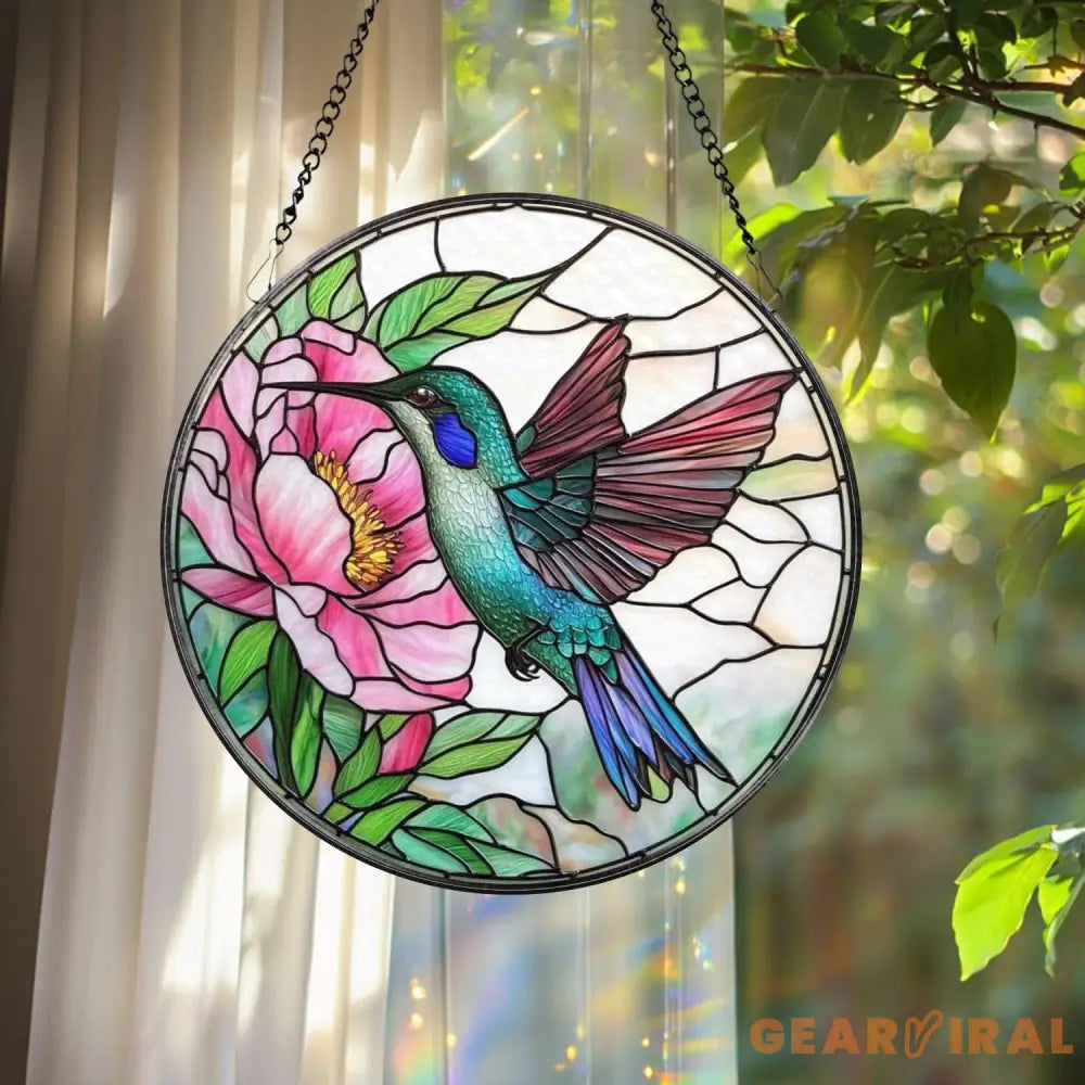 Hummingbird and Pink Peony Stained Glass Suncatcher Floral Round Window Hanging Panel Garden Bird Decor Nature Lover