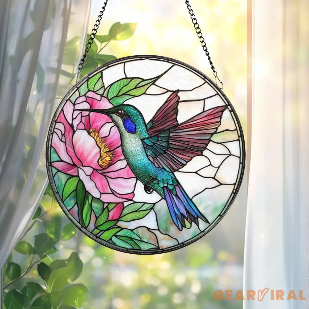 Hummingbird and Pink Peony Stained Glass Suncatcher Floral Round Window Hanging Panel Garden Bird Decor Nature Lover