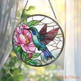 Hummingbird and Pink Peony Stained Glass Suncatcher Floral Round Window Hanging Panel Garden Bird Decor Nature Lover