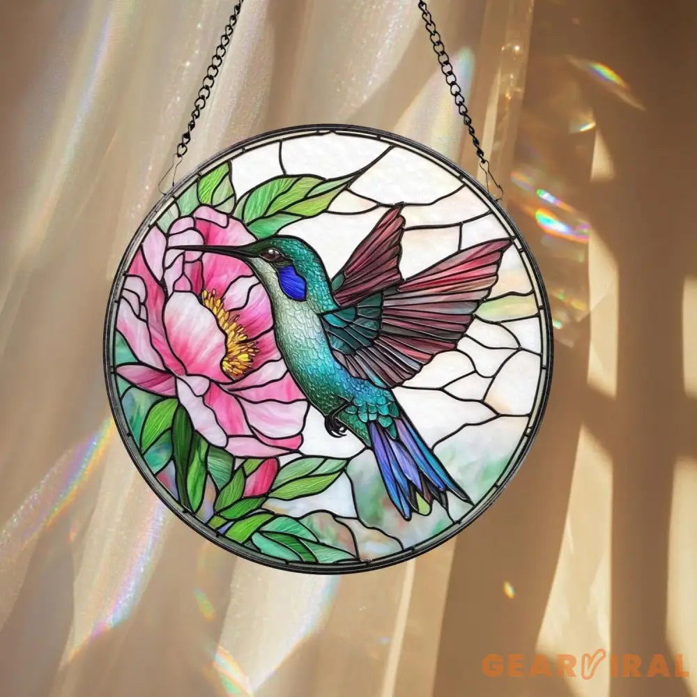 Hummingbird and Pink Peony Stained Glass Suncatcher Floral Round Window Hanging Panel Garden Bird Decor Nature Lover