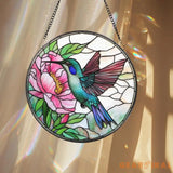 Hummingbird and Pink Peony Stained Glass Suncatcher Floral Round Window Hanging Panel Garden Bird Decor Nature Lover
