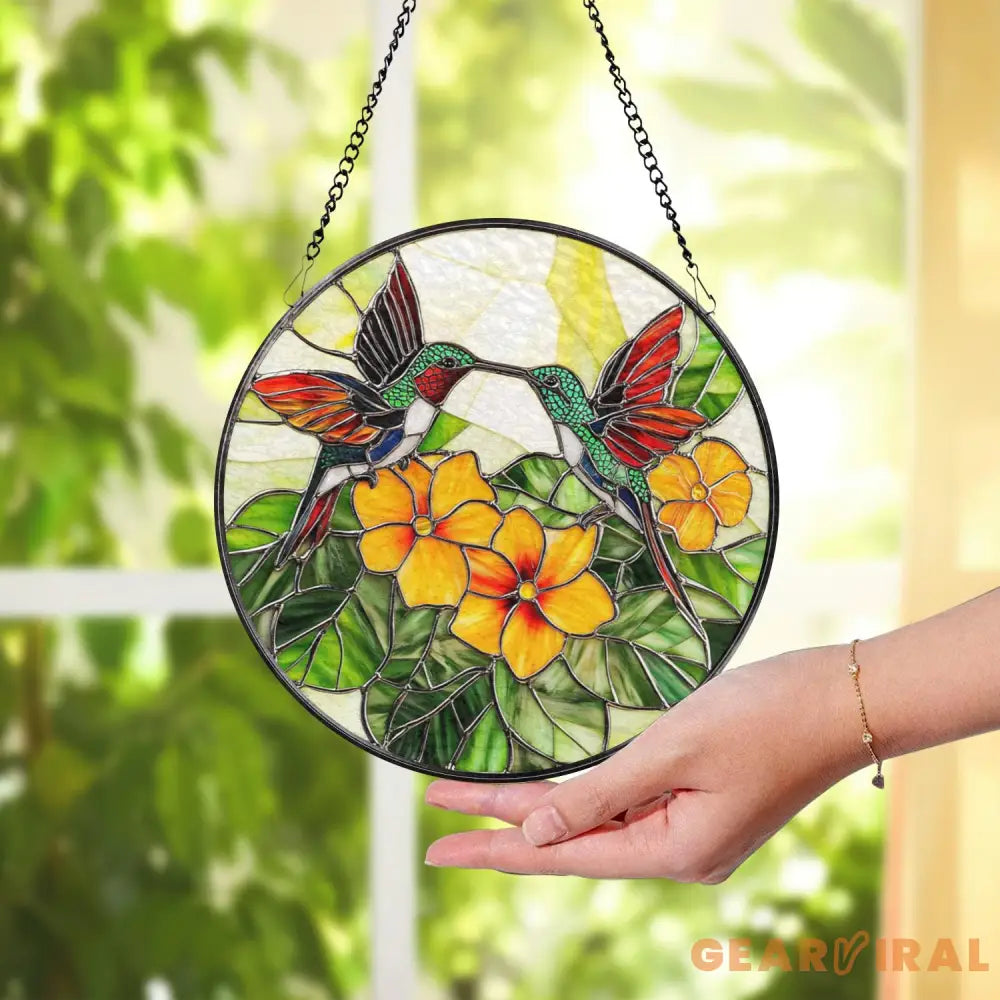 Hummingbird and Yellow Flower Stained Glass Suncatcher Colorful Bird Window Hanging Tropical Garden Glass Art Nature