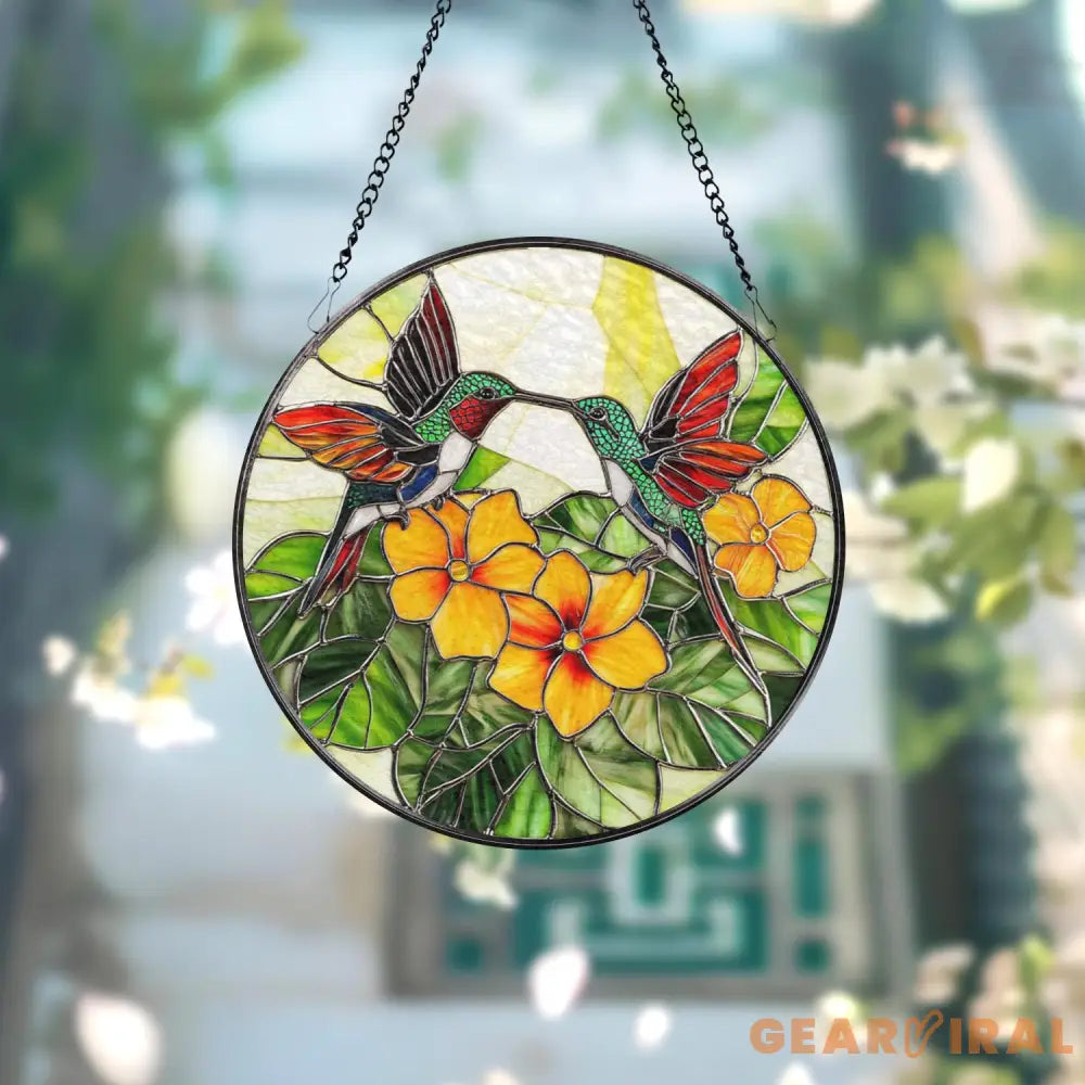 Hummingbird and Yellow Flower Stained Glass Suncatcher Colorful Bird Window Hanging Tropical Garden Glass Art Nature