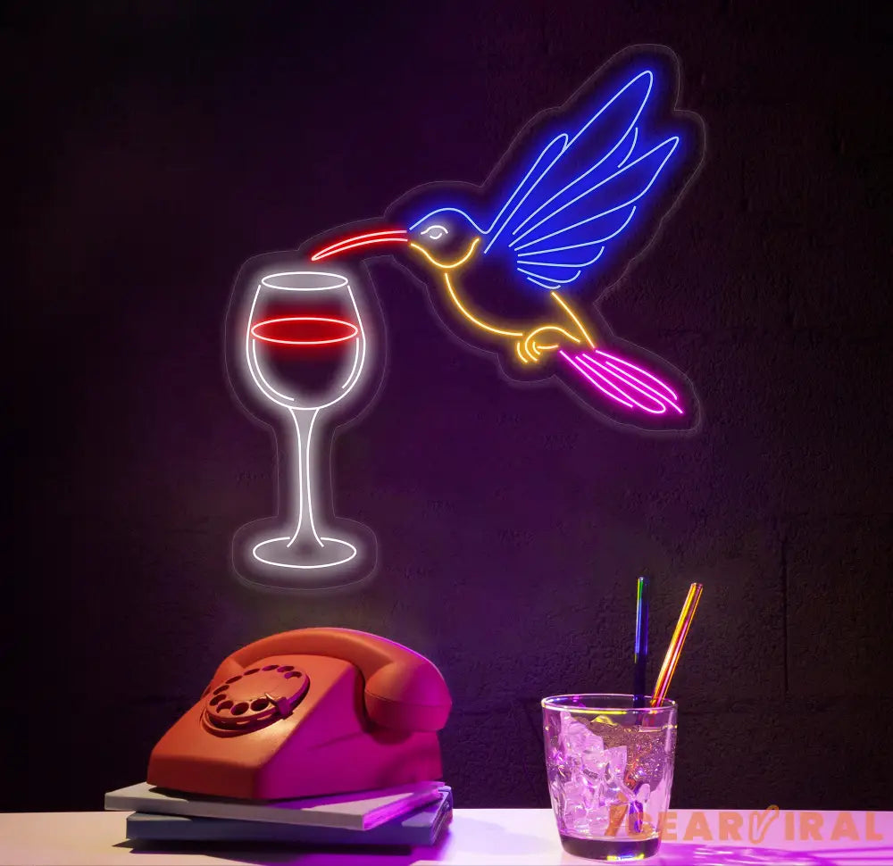 Hummingbird Drinking Wine Neon Sign Hummingbird Led Sign Wine Neon Light Cocktail Light Bar Pub Wall Art Animal Home