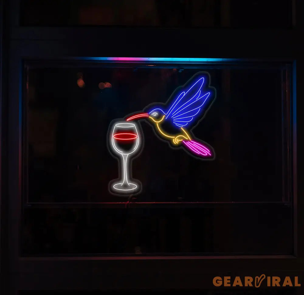 Hummingbird Drinking Wine Neon Sign Hummingbird Led Sign Wine Neon Light Cocktail Light Bar Pub Wall Art Animal Home
