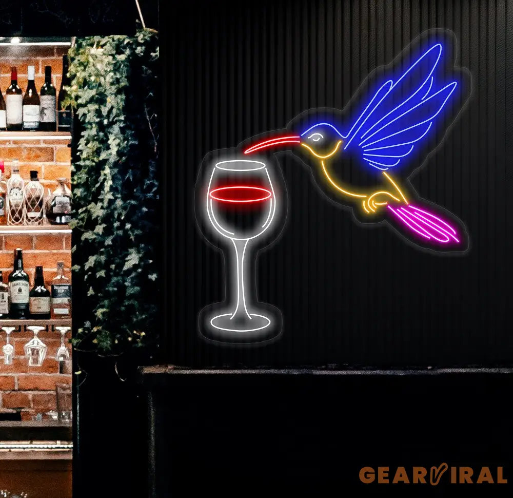 Hummingbird Drinking Wine Neon Sign Hummingbird Led Sign Wine Neon Light Cocktail Light Bar Pub Wall Art Animal Home