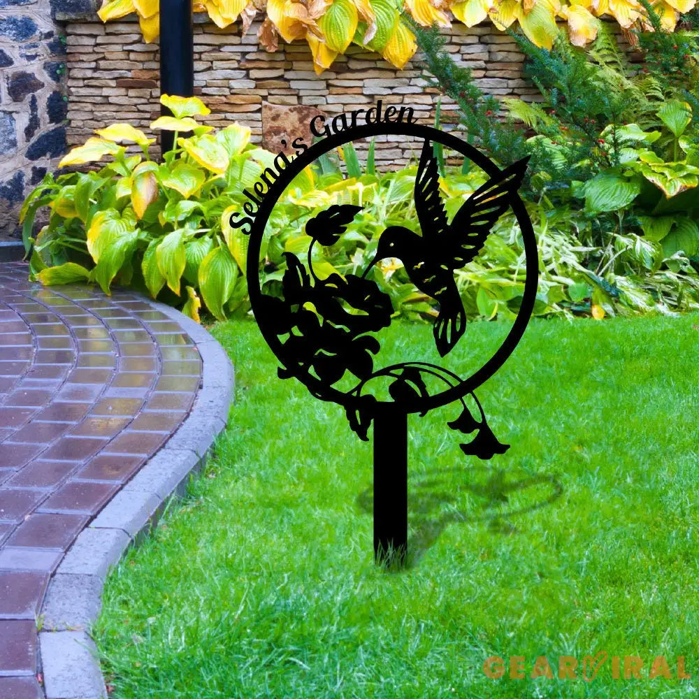 Hummingbird Garden Sign with Flower - Custom Metal Sign - Garden Stake Decor - Garden Metal Sign Hummingbird