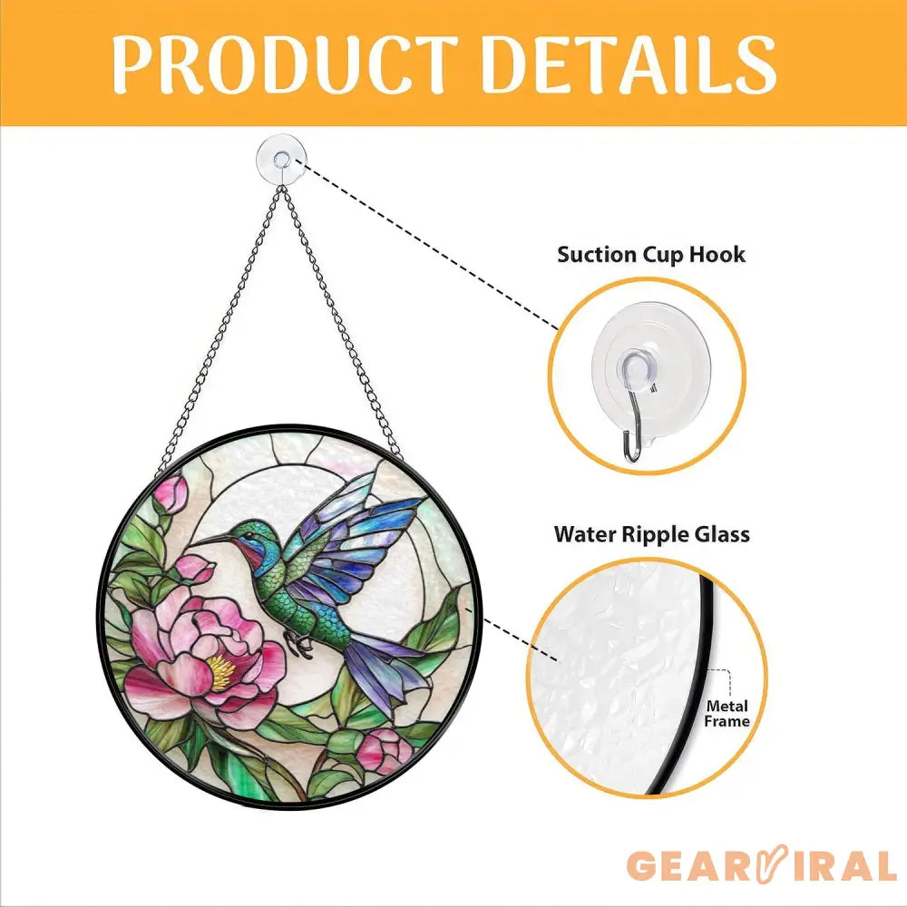 Hummingbird & Peony Stained Glass Suncatcher Pink Floral Window Hanging Round Nature Glass Panel Garden Gift for Bird
