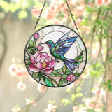 Hummingbird & Peony Stained Glass Suncatcher Pink Floral Window Hanging Round Nature Glass Panel Garden Gift for Bird