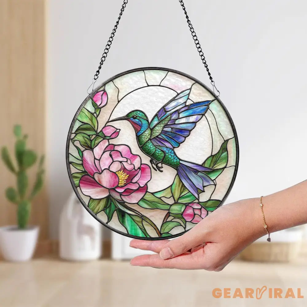 Hummingbird & Peony Stained Glass Suncatcher Pink Floral Window Hanging Round Nature Glass Panel Garden Gift for Bird