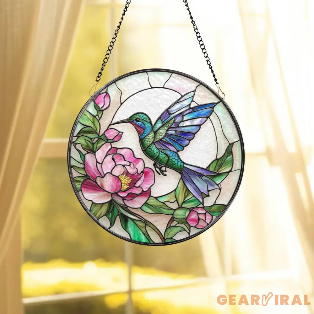Hummingbird & Peony Stained Glass Suncatcher Pink Floral Window Hanging Round Nature Glass Panel Garden Gift for Bird