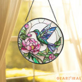Hummingbird & Peony Stained Glass Suncatcher Pink Floral Window Hanging Round Nature Glass Panel Garden Gift for Bird
