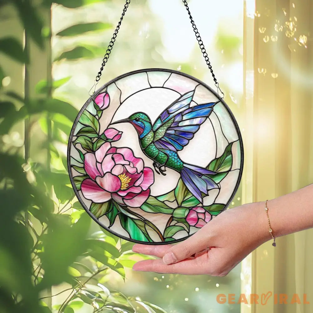 Hummingbird & Peony Stained Glass Suncatcher Pink Floral Window Hanging Round Nature Glass Panel Garden Gift for Bird