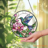 Hummingbird & Peony Stained Glass Suncatcher Pink Floral Window Hanging Round Nature Glass Panel Garden Gift for Bird