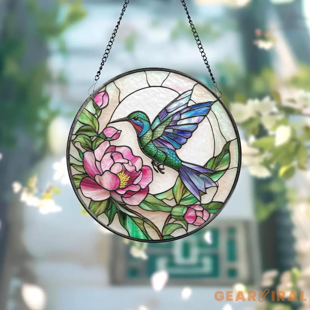 Hummingbird & Peony Stained Glass Suncatcher Pink Floral Window Hanging Round Nature Glass Panel Garden Gift for Bird