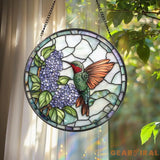 Hummingbird Stained Glass Suncatcher Purple Lilac Window Hanging Round Floral Glass Panel Nature Gift for Garden & Bird