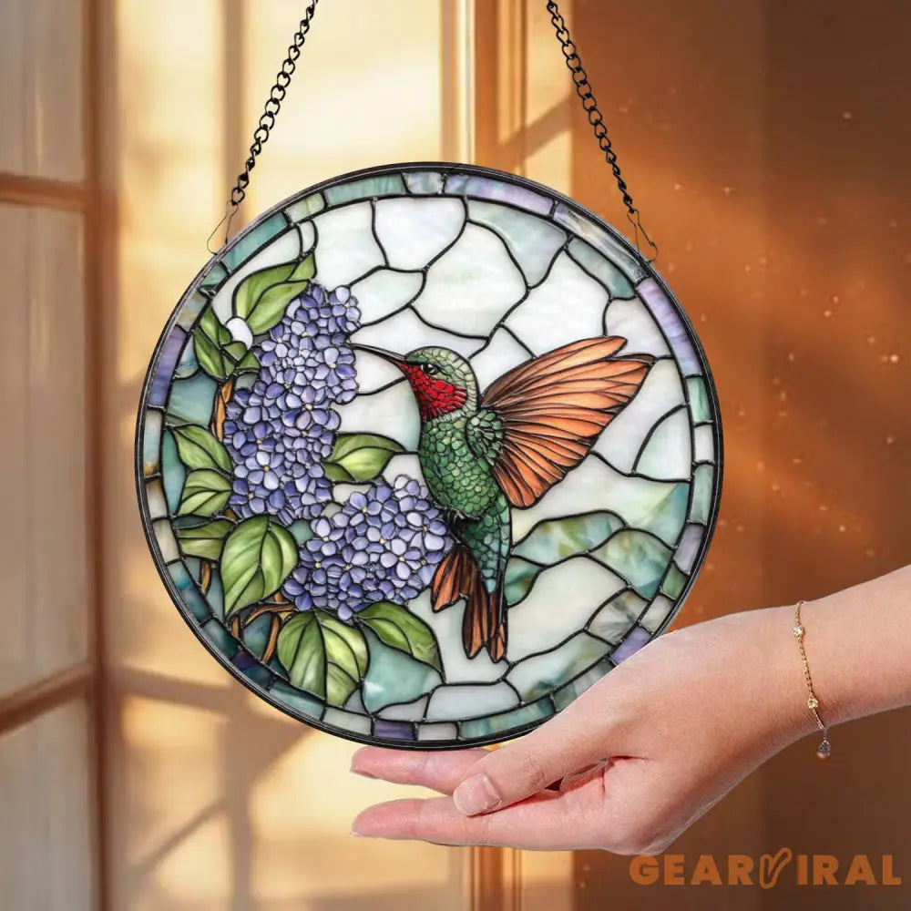 Hummingbird Stained Glass Suncatcher Purple Lilac Window Hanging Round Floral Glass Panel Nature Gift for Garden & Bird