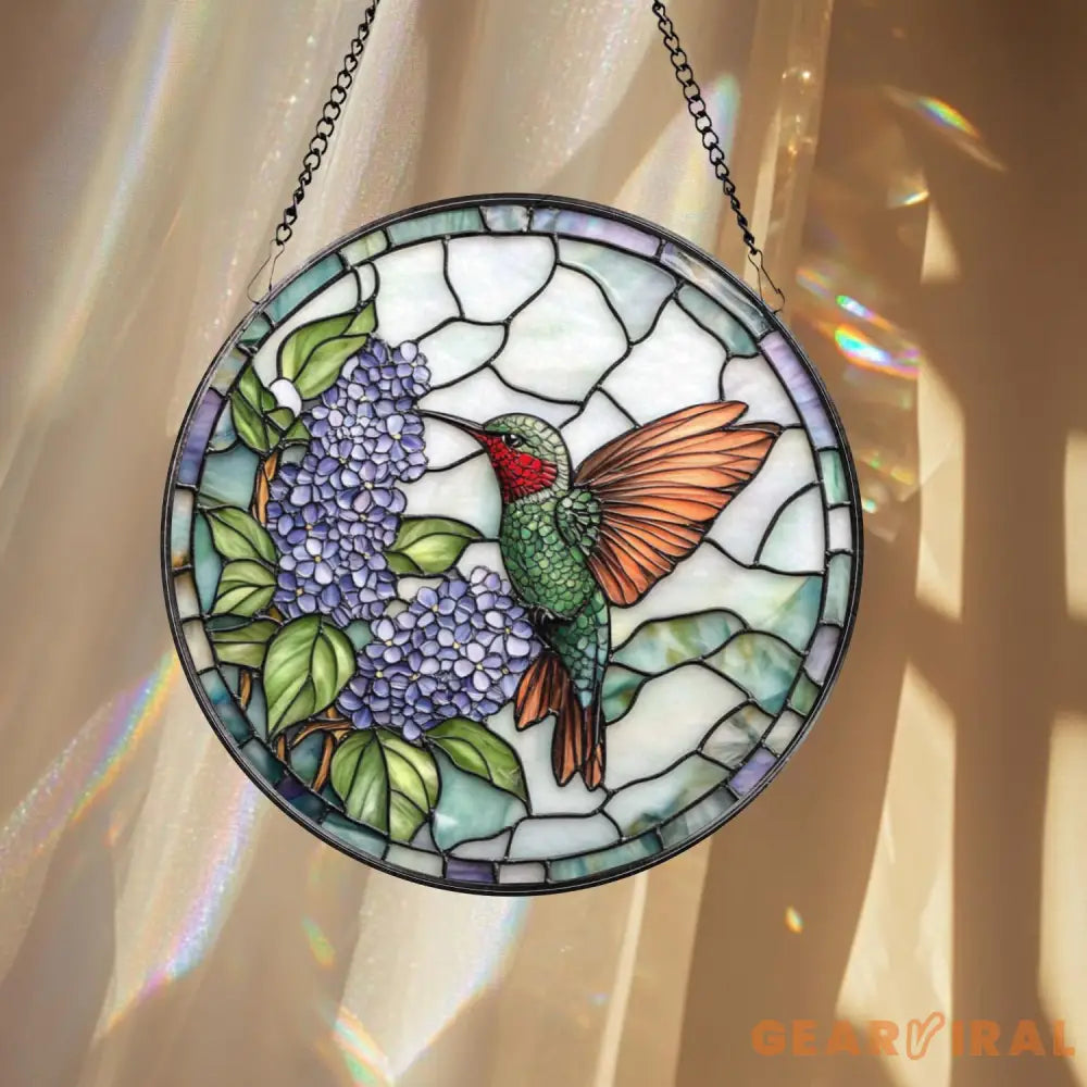 Hummingbird Stained Glass Suncatcher Purple Lilac Window Hanging Round Floral Glass Panel Nature Gift for Garden & Bird