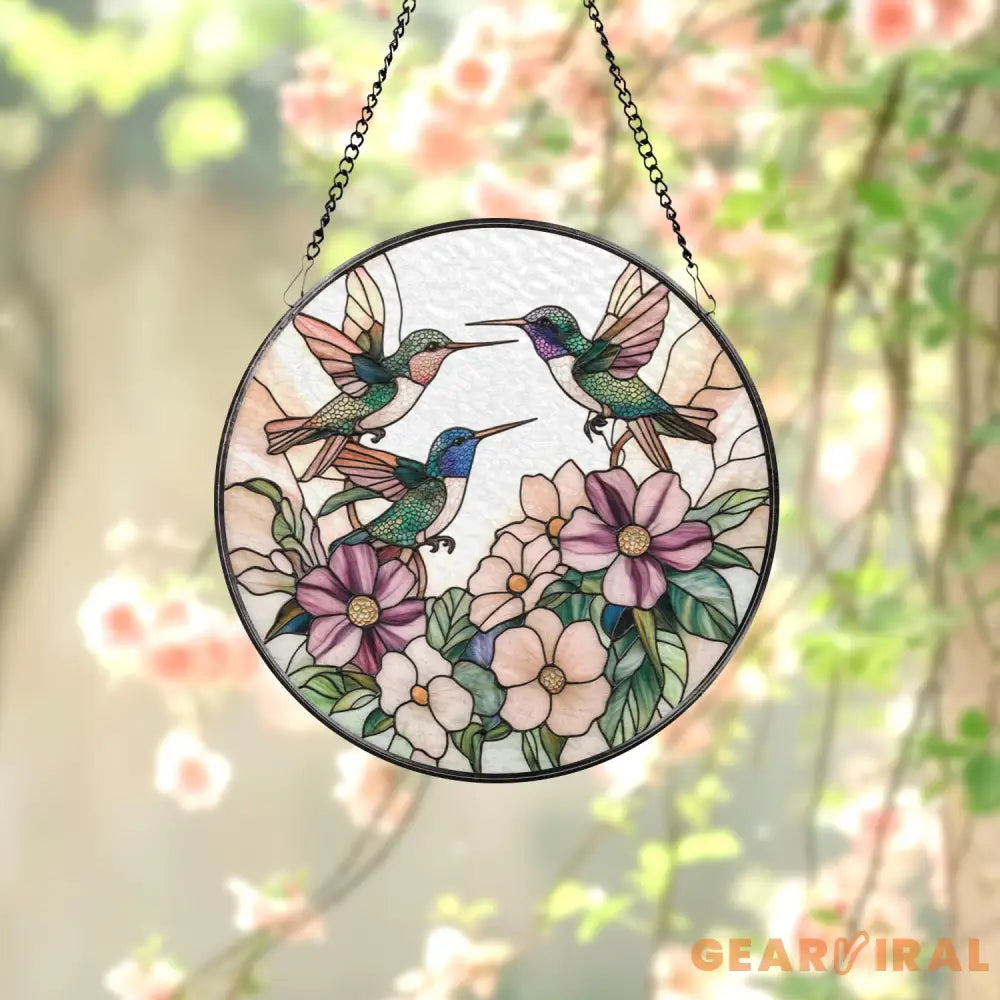 Hummingbird Trio Stained Glass Suncatcher Pastel Floral Window Hanging Delicate Garden Decor Gift for Bird Lovers and