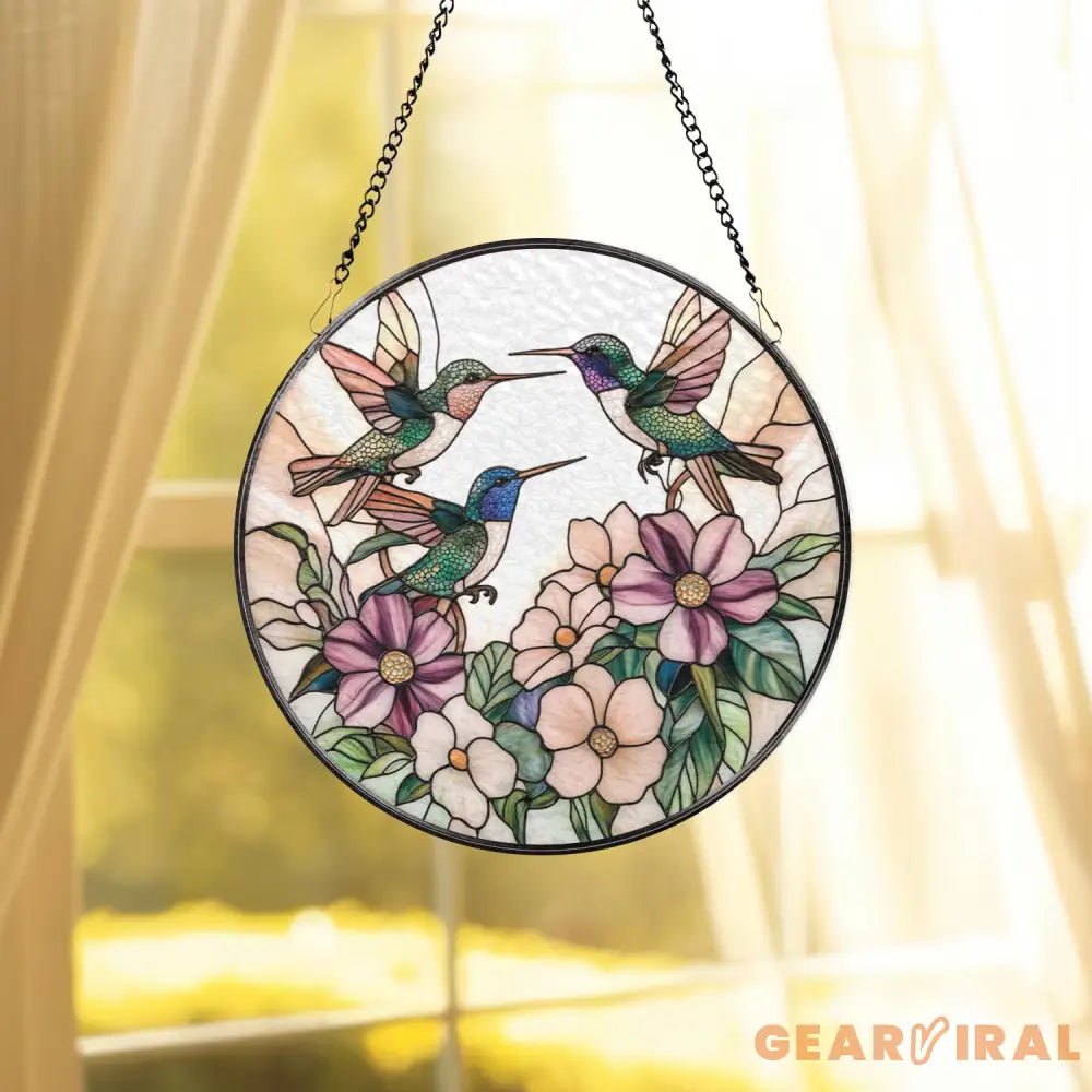 Hummingbird Trio Stained Glass Suncatcher Pastel Floral Window Hanging Delicate Garden Decor Gift for Bird Lovers and