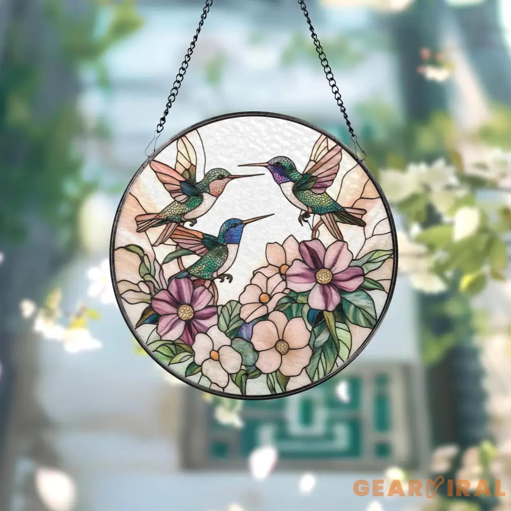 Hummingbird Trio Stained Glass Suncatcher Pastel Floral Window Hanging Delicate Garden Decor Gift for Bird Lovers and