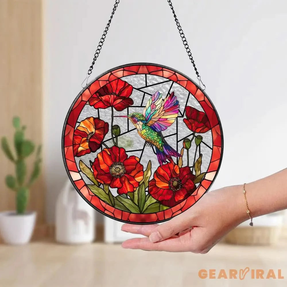 Hummingbird With Poppy Flower Stained Glass Suncatcher Bird Stained Glass Window Hanging Hummingbird Art Gift Decor