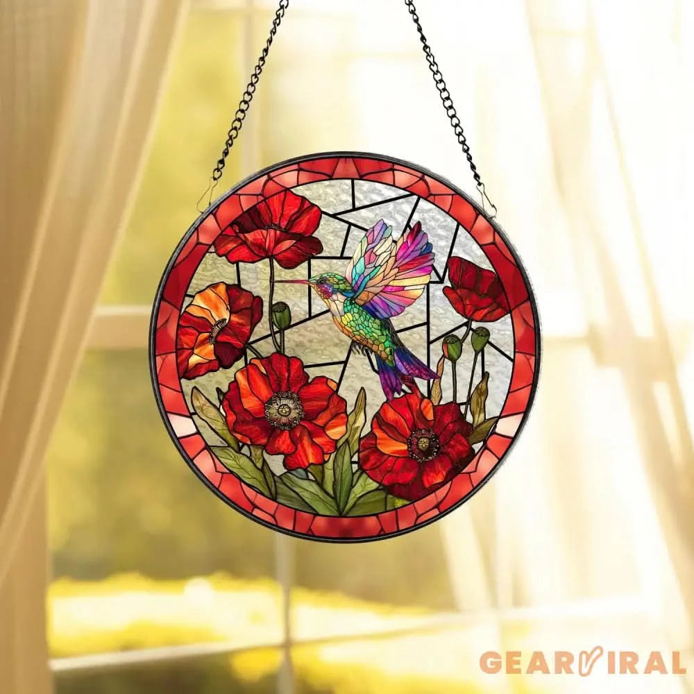 Hummingbird With Poppy Flower Stained Glass Suncatcher Bird Stained Glass Window Hanging Hummingbird Art Gift Decor