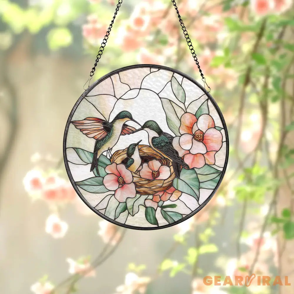 Hummingbirds Stained Glass Suncatcher Wildflower Window Hanging Indoor Nature Decor Memorial Gift for Her Christmas