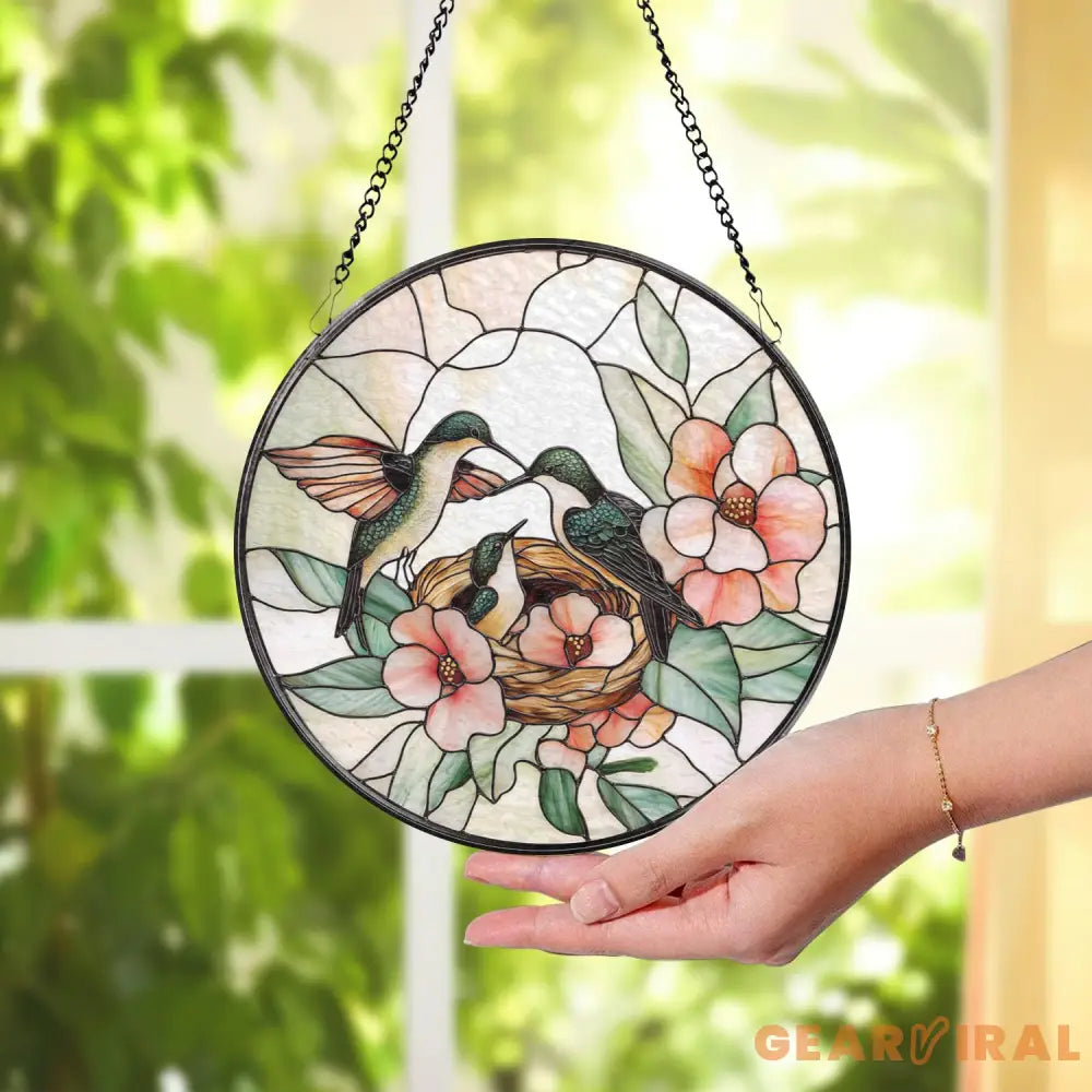 Hummingbirds Stained Glass Suncatcher Wildflower Window Hanging Indoor Nature Decor Memorial Gift for Her Christmas