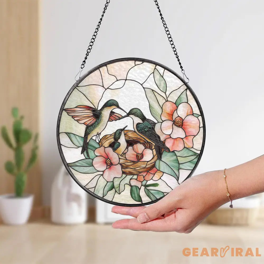 Hummingbirds Stained Glass Suncatcher Wildflower Window Hanging Indoor Nature Decor Memorial Gift for Her Christmas