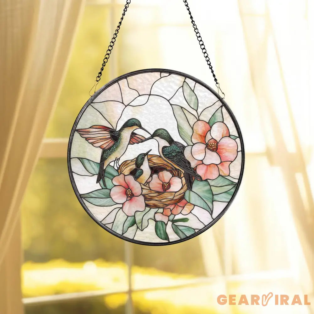 Hummingbirds Stained Glass Suncatcher Wildflower Window Hanging Indoor Nature Decor Memorial Gift for Her Christmas