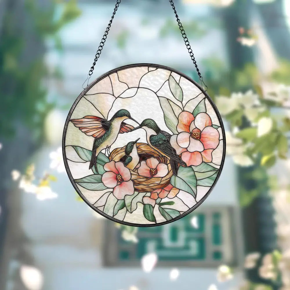 Hummingbirds Stained Glass Suncatcher Wildflower Window Hanging Indoor Nature Decor Memorial Gift for Her Christmas
