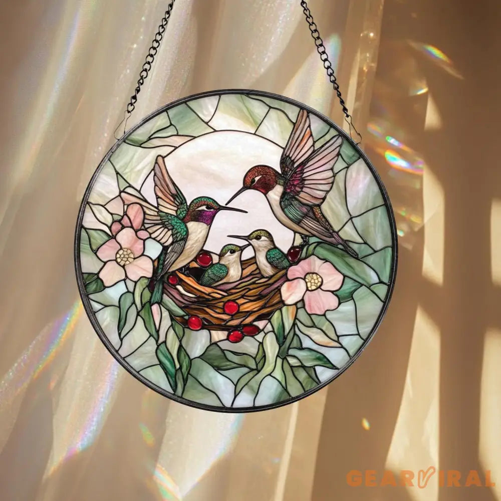 Hummingbirds Stained Glass Suncatcher Wildflower Window Hanging Nature-Inspired Decor Memorial Gift for Her Christmas