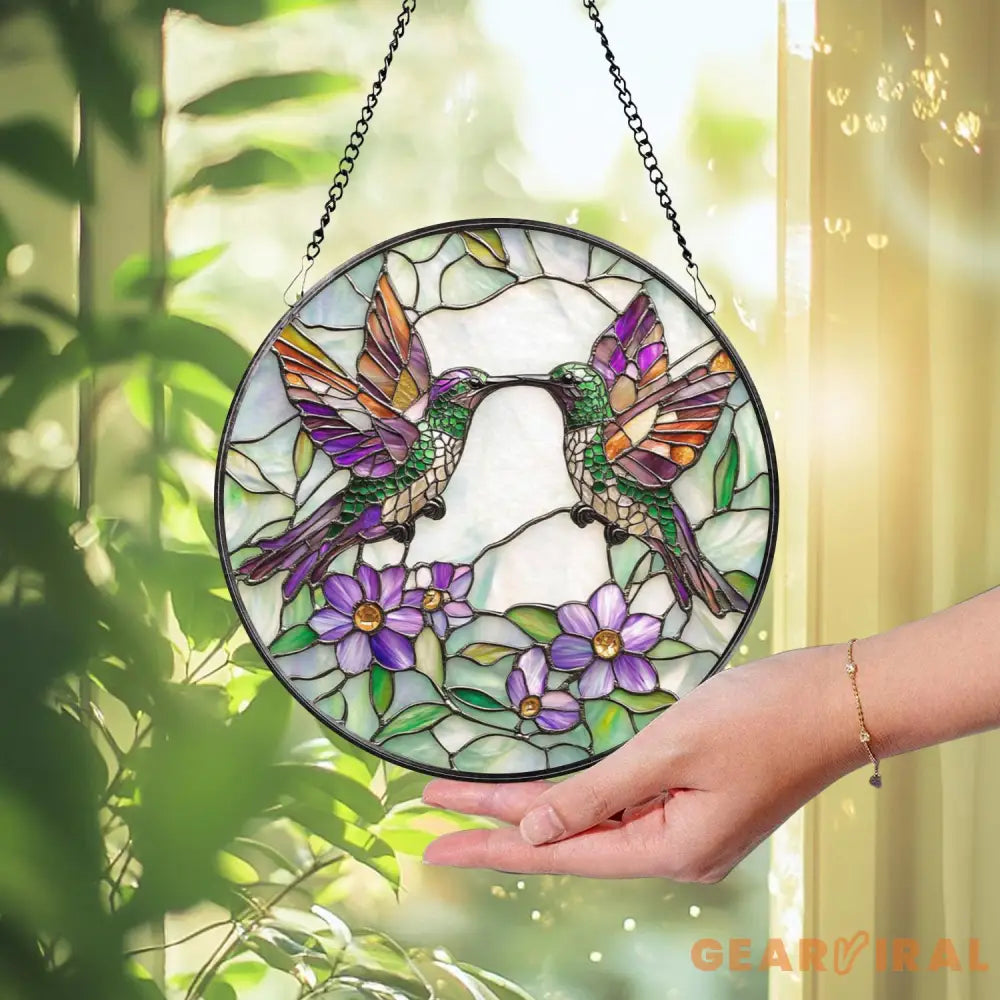 Hummingbirds Stained Glass Suncatcher Wildflowers Window Hanging Indoor Nature Decor Hummingbird Memorial Garden Lover
