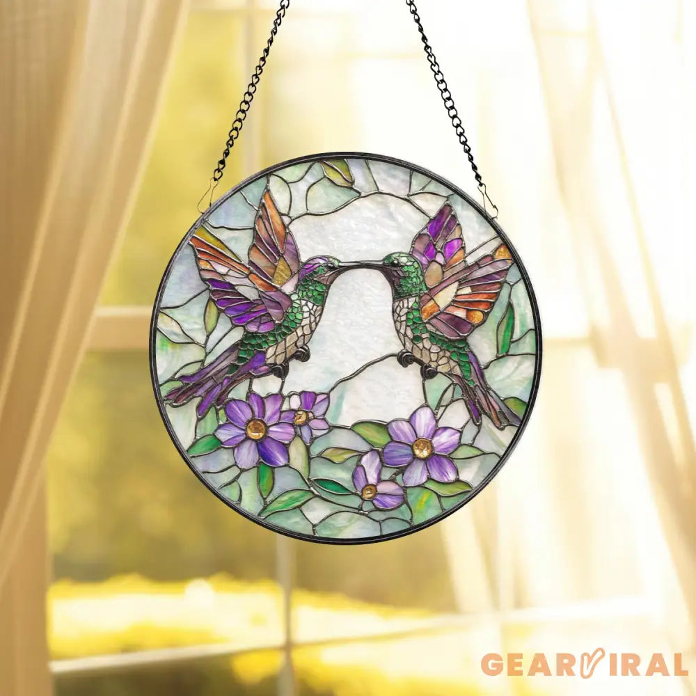 Hummingbirds Stained Glass Suncatcher Wildflowers Window Hanging Indoor Nature Decor Hummingbird Memorial Garden Lover