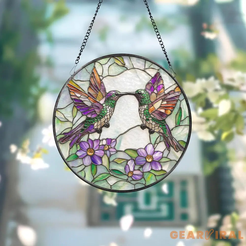 Hummingbirds Stained Glass Suncatcher Wildflowers Window Hanging Indoor Nature Decor Hummingbird Memorial Garden Lover