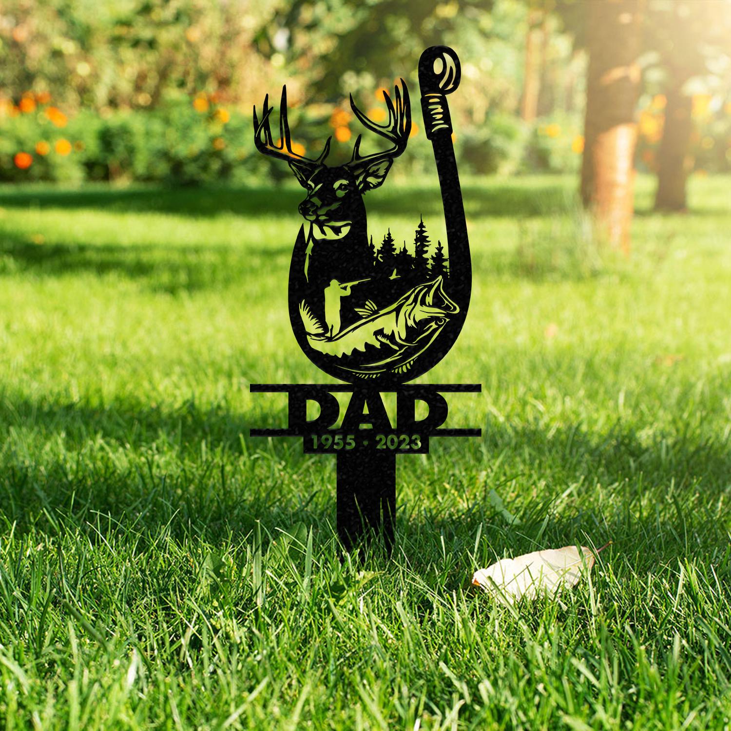 Hunting Dad Memorial Stake Metal, Fishing In Heaven, Hunter Memorial Gifts Garden Stake, Grave Marker, Metal Yard Decor, Loss of Dad Gifts
