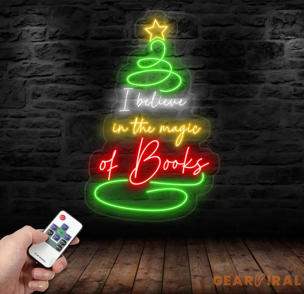 I Believe in the Magic of Books Neon Sign Christmas Tree Shaped Book Lover LED Light Custom Holiday Book Sign Gift for