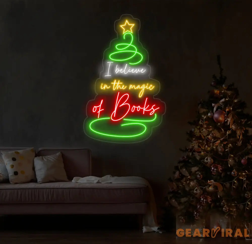 I Believe in the Magic of Books Neon Sign Christmas Tree Shaped Book Lover LED Light Custom Holiday Book Sign Gift for