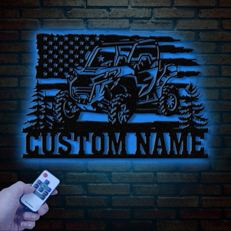 Custom Name UTV Metal Sign with Led Lights, Personalized Off-Road Adventure Sign, Side by Side LED Wall Art, Mountain UTV Sign