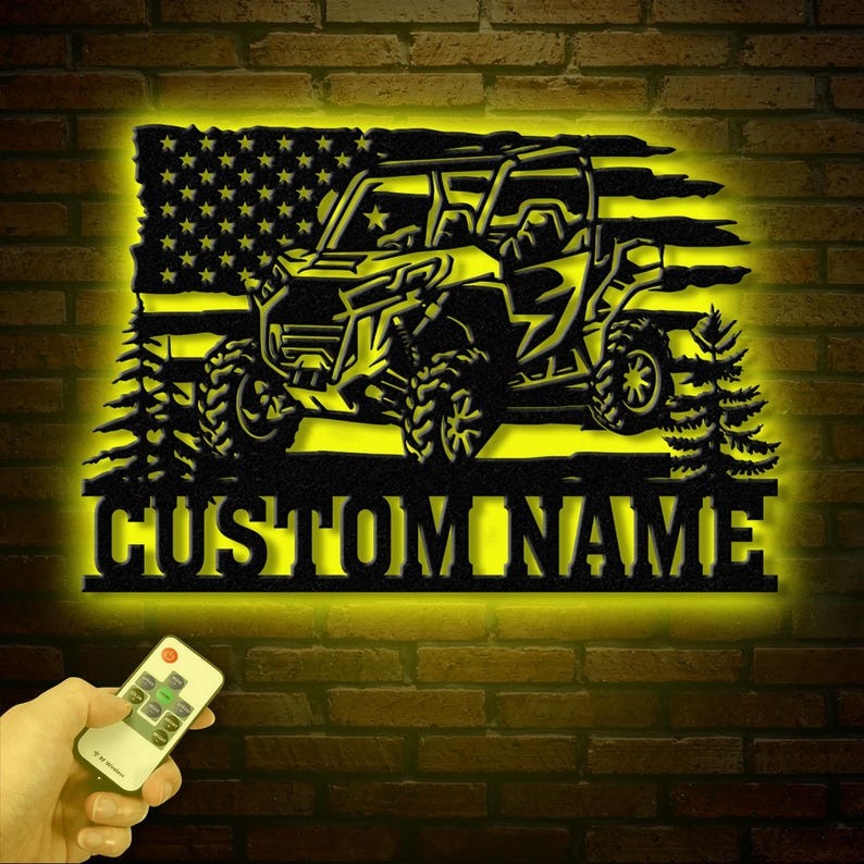 Custom Name UTV Metal Sign with Led Lights, Personalized Off-Road Adventure Sign, Side by Side LED Wall Art, Mountain UTV Sign
